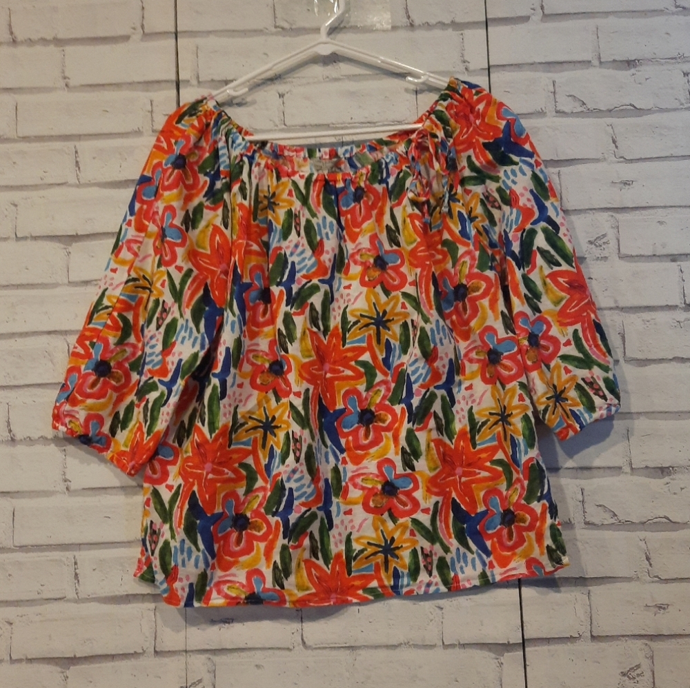 Hester & Orchard Women's Size L Linen Blend Blouse Multi Color Elastic Tie